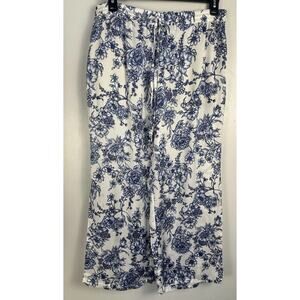 Susan Graver Wide Leg Pants Blue White Floral Print Drawstring Pockets LP